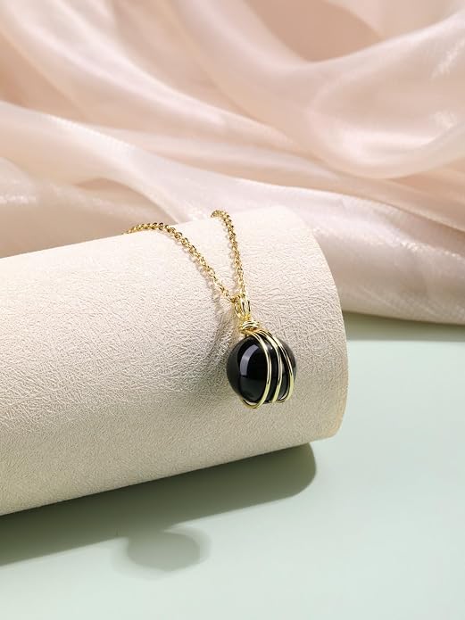 Jovivi Healing Crystal Stone Pendant Necklace Gold Wire Wrapped 16mm Natural Round Gemstone Ball Crystal Necklace for Women Men Reiki Quartz Jewelry