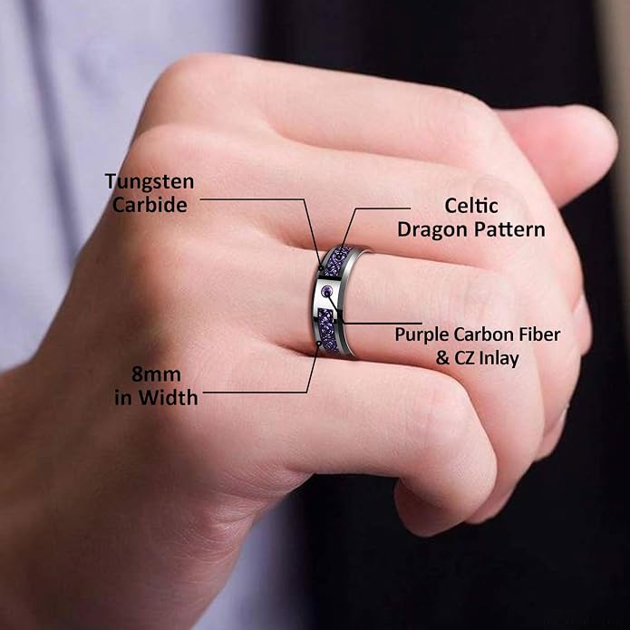 TUNGSTORY 8mm Black Celtic Dragon Tungsten Carbide Wedding Ring with Green Carbon Fiber and CZ Inlay Polished Finish Beveled Edge Size 6-16