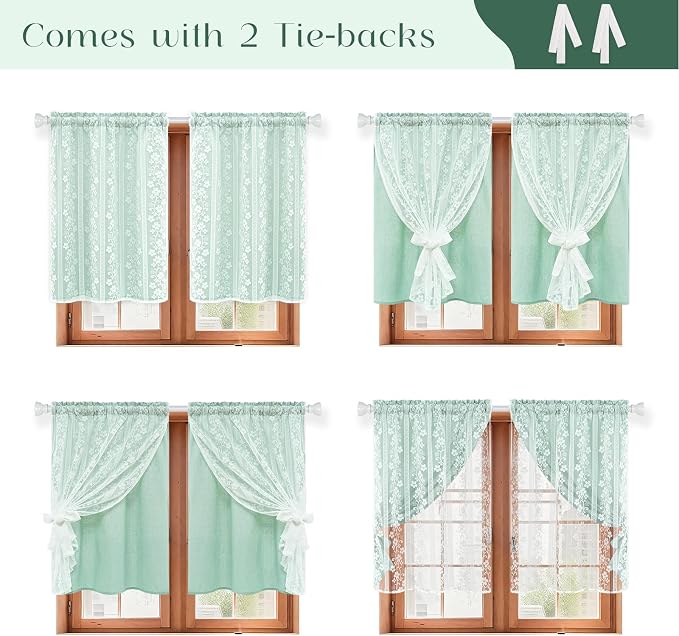 ASPMIZ Linen Kitchen Tier Curtains 36 Inch Length, Double Layer Kitchen Curtain 2 Panel Sets Rod Pocket Short Window Curtains with Tiebacks, Rustic Window Treatments for Bathroom Cafe, Mint Green