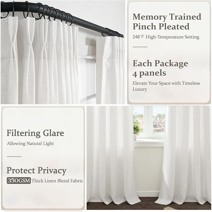 120 Inch Extra Long Pinch Pleated Semi Sheer Curtains 4 Panels Set for Living Room, Off White Memory Trained Linen Light Filtering 10 FT Length Floor to Ceiling Elegant Window Curtain & Drapes Rings