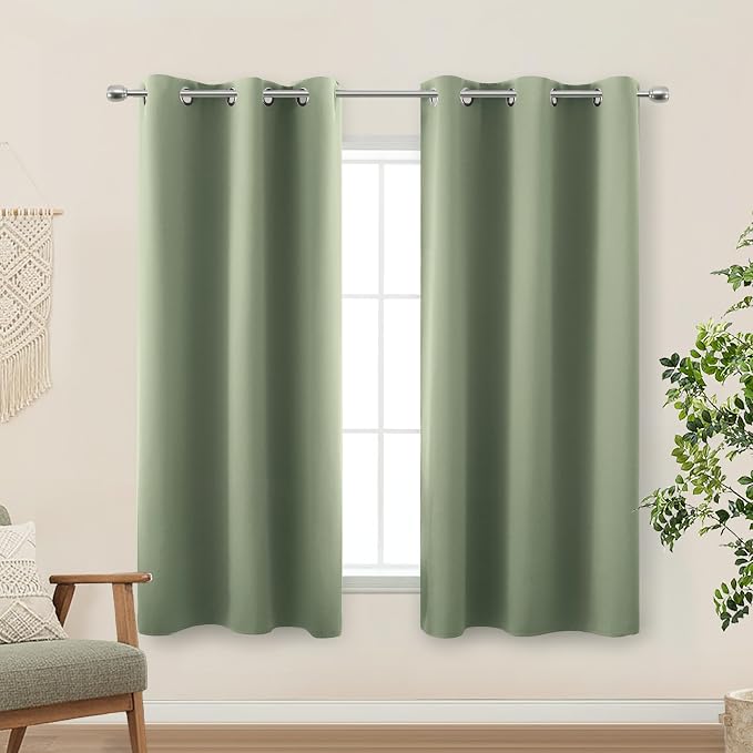 KOUFALL Short Curtains for Kitchen Window Over Sink,Blackout Thermal Cafe Curtain Sage Green 45 Inch Length 2 Panels Set
