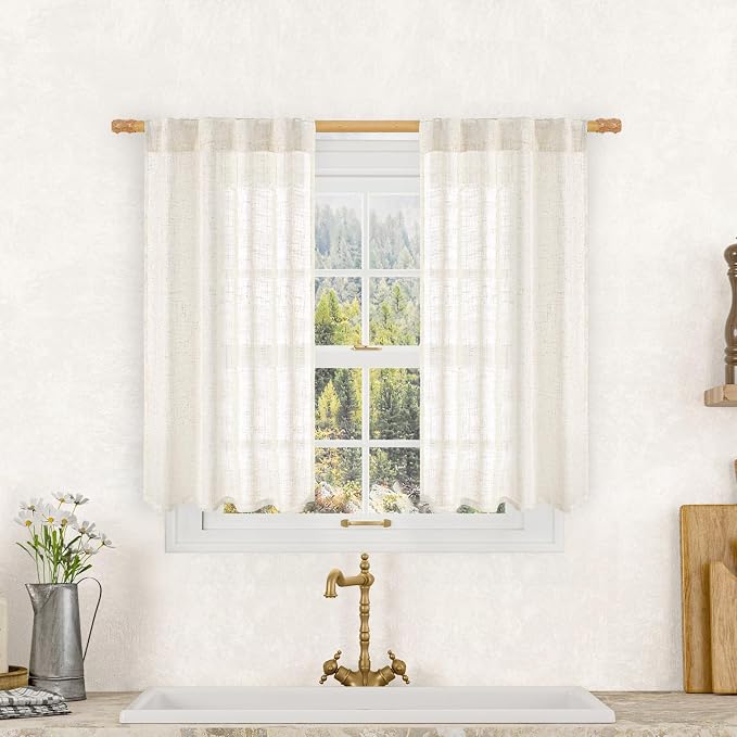LAMIT Semi Sheer Linen Curtains 40 Inch Length for Cafe, Light Filtering Panels Back Tab and Rod Pocket Neutral Drapes for Bathroom/Kitchen, 25 x 40 Inch, Cream, 2 Panels