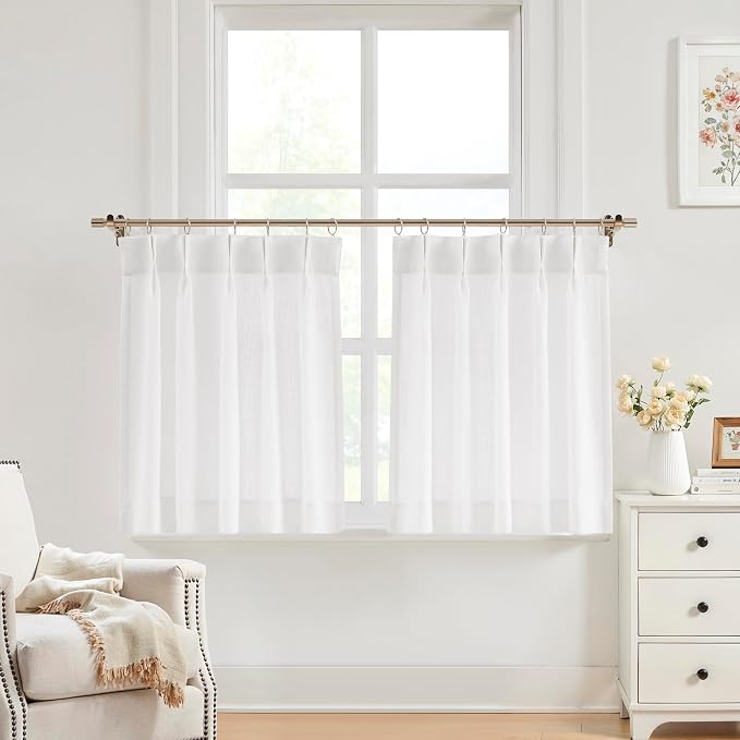 Vision Home White Pinch Pleated Tier Curtains 24 inch, Semi Sheer Kitchen Curtains with Back Tab & Hooks, Light Filtering Small Window Panels for Bathroom Laundry, 25" Wx24 Lx2