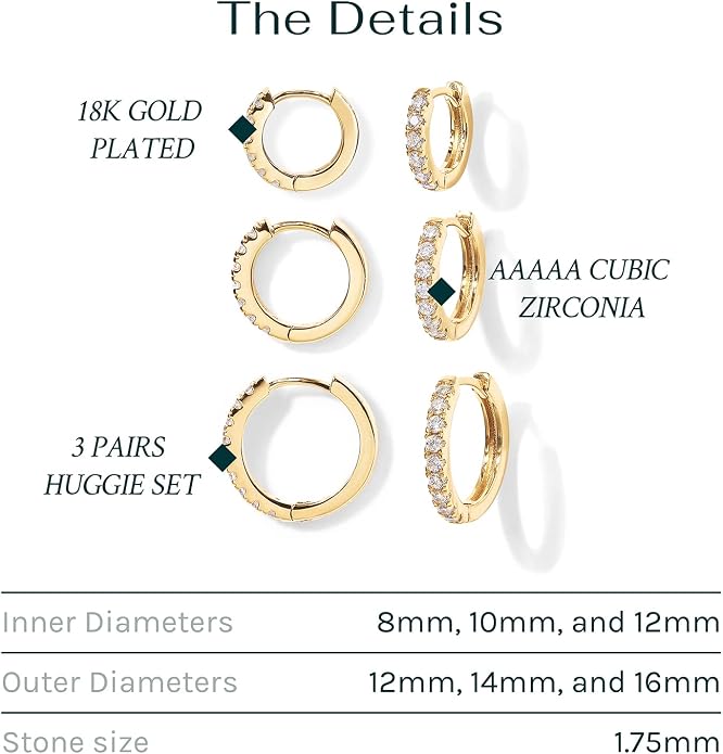 PAVOI Gold Hoop Earrings for Women - 14K Gold Plated 925 Sterling Silver Posts 3 Pairs Hoop Earrings Set for Women - Hypoallergenic Huggie Earring Pack