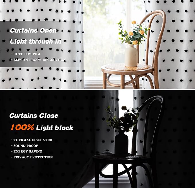 MYSKY HOME 100% Blackout Curtains for Bedroom Total Light Blocking Curtains 95 Inch Extra Long Room Darkening 2 Panels Grommet Sliding Door Privacy Window Drapes with Black Pom Pom Sheer 52" x 95"