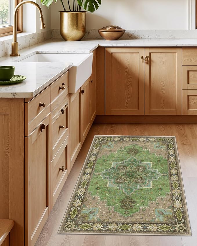 AMADA HOMEFURNISHING 2x3 Washable Entry Rug, Vintage Distress Print Pattern Carpet Small Rugs for Entryway Kitchen Bathroom Door Mat Indoor Entrance, Green