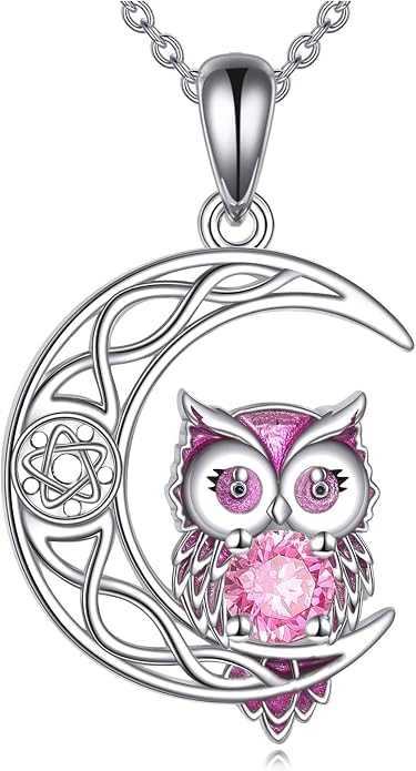 Owl Birthstone Necklace Sterling Silver Celtic Moon Pendant Cubic Zirconia Owls Jewelry Birthday Gifts for Women Men
