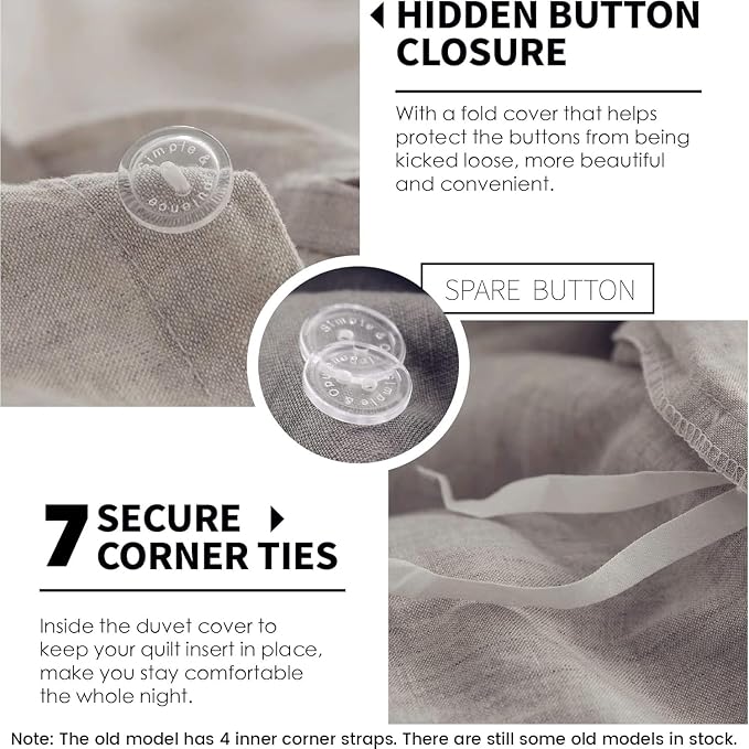 Simple&Opulence 100% Linen Duvet Cover Set 3pcs Basic Style Natural French Washed Flax Solid Color Soft Breathable Farmhouse Bedding with Button Closure - Linen, California King