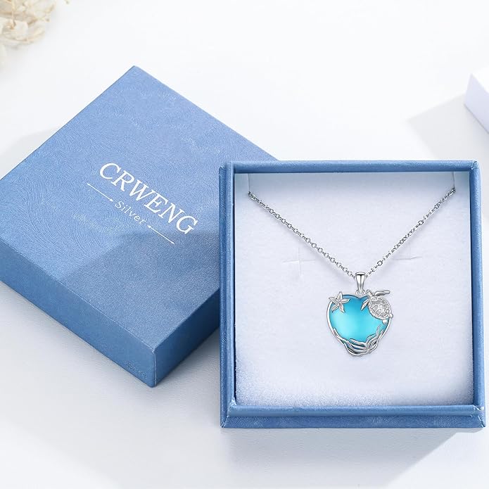 Sea Turtle/Seaweed Necklace for Women 925 Sterling Silver Heart of the Ocean Moonstone Pendant Necklace Turtle Moonstone Jewelry Gift for Wife Mom