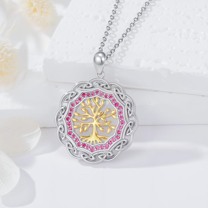 Sterling Silver Birthstone Celtic Tree of Life Necklace, 18K Gold Plated Colored Gemstone Tree of Life Pendant Two-Tone Necklaces Jewelry Birthday Gifts for Women 18" - 20"