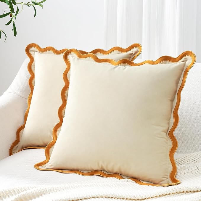 MONDAY MOOSE Decorative Throw Pillow Covers Cushion Cases, Set of 2 Soft Velvet Scalloped Wavy Edge Designs, Mix and Match for Home Decor, Pillow Inserts Not Included (22x22 inch, Honey/Cream)