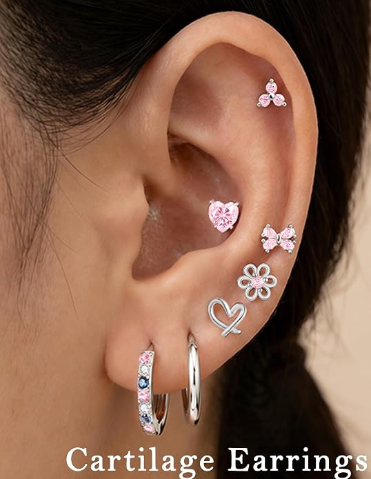 AKEOQI 10 Pairs Hypoallergenic Flat Back Earrings Gold Silver Plated Surgical Steel Small Stud Huggie Hoop Earring for Women Butterfly Flower Heart Bow Pink CZ Stack Cartilage Earrings Set 20G 10 MM