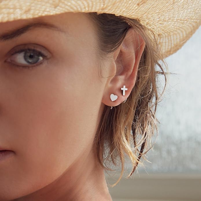 CHIC & ARTSY 925 Sterling Silver Half Hoop Earrings for Women, Small Huggie Hoops Set with Ball Bar Star Moon Cross & Pearl, Lightweight Comfort Fit Everyday & Sleep Earrings