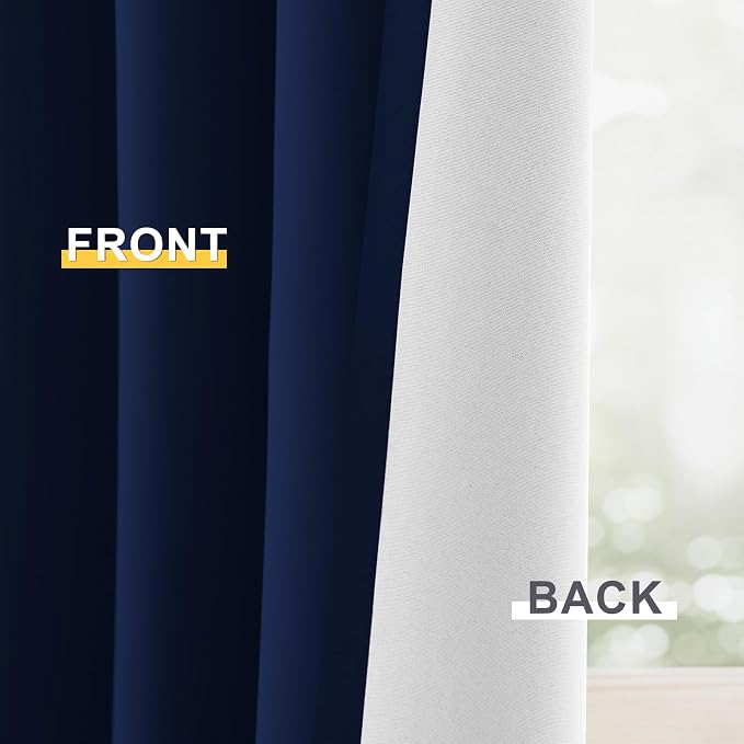 Yakamok Navy Blue 100% Blackout Curtains 63 Inches Long 50" Wide, 2 Panels | Blackout Curtain Panels for Bedroom, 2 Thick Layers Grommet Top Thermal Insulated Drapes with White Back for Living Room