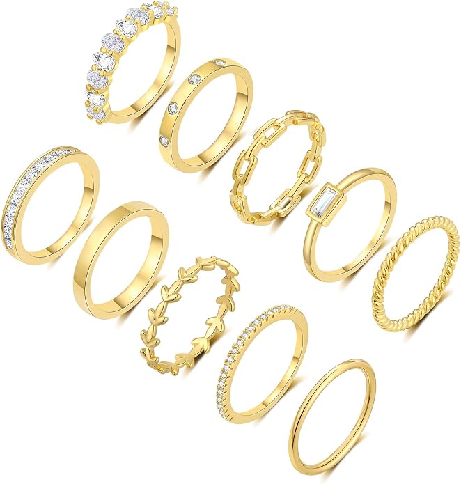 RLMOON 8-12PCS 14K Gold Ring Set for Women Non Tarnish Dainty Silver Rose Gold Thumb Stackable Stacking Rings Heart CZ Pinky Rings Plain Band Size 4-12