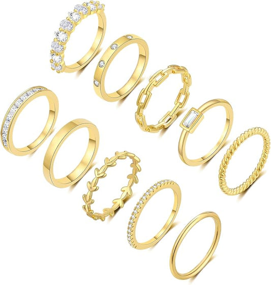 RLMOON 8-12PCS 14K Gold Ring Set for Women Non Tarnish Dainty Silver Rose Gold Thumb Stackable Stacking Rings Heart CZ Pinky Rings Plain Band Size 4-12
