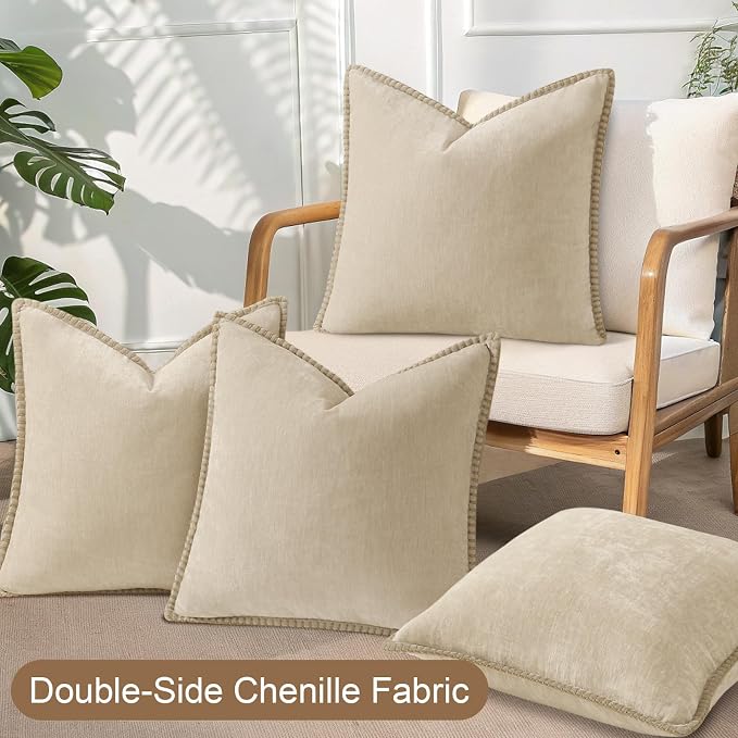 decorUhome Fall Soft Decorative Chenille Throw Pillow Covers 16x16 Set of 4 | Beige Cozy Decorative Modern Farmhouse Neutral Pillow Cases with Stitched Edge for Couch Sofa Bed Living Room Home Decor