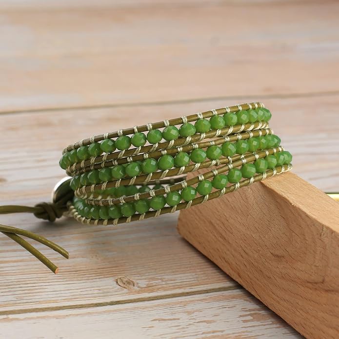 KELITCH Turquoise Beads Bracelets Leather 3 Wrap Bracelet Handmade Women Heart Jewelry