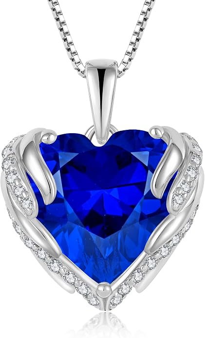 Angel Wings Necklace for Women 925 Sterling Silver Cubic Zirconia Love Heart Birthstone Pendant Necklaces
