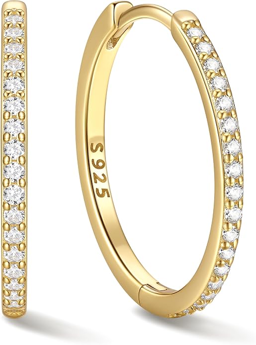 ChicSilver 925 Sterling Silver Huggie Earrings for Women 14K Gold Plated Silver Hoop Earrings for Women Hypoallergenic Small Cubic Zirconia Huggie Earring (6/8/10/12/14/16/18/20mm)