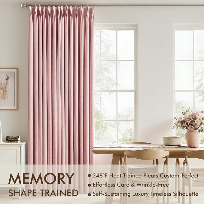 MIULEE 100% Blackout Pinch Pleated Pink Linen Curtains for Bedroom, Room Darkening Memory Trained Light Blocking Window Curtains 84 inches Long for Living Room, Black Out Pleat Drapes, 2 Panels