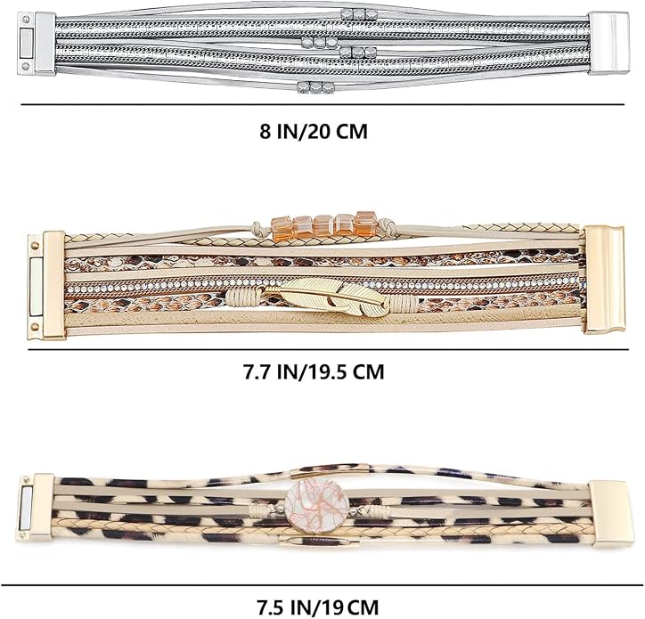 Wowanoo 3Pack Leather Cuff Bracelet Set Multilayer Wrap Bracelet Crystal Feather Tree Bracelet Magnetic Clasp Bracelet for Women