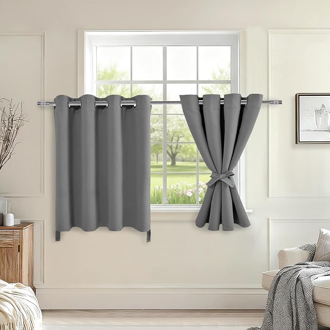 Hiasan RV Blackout Curtains for Bedroom, 52 x 30 Inches Long - Thermal Insulated & Light Blocking Window Curtains for Living Room, 2 Drape Panels Sewn with Tiebacks, Light Grey