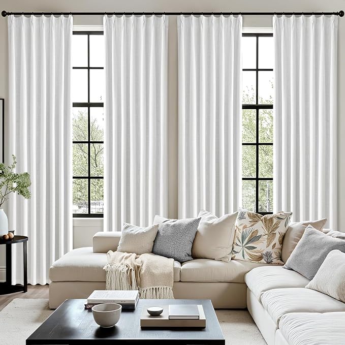 MIULEE White Pinch Pleated 100% Blackout Linen Curtains 96 Inch Length 2 Panels Set, Black Out Memory Trained Pleat Curtains Light Blocking Room Darkening Drapes for Bedroom Living Room Window