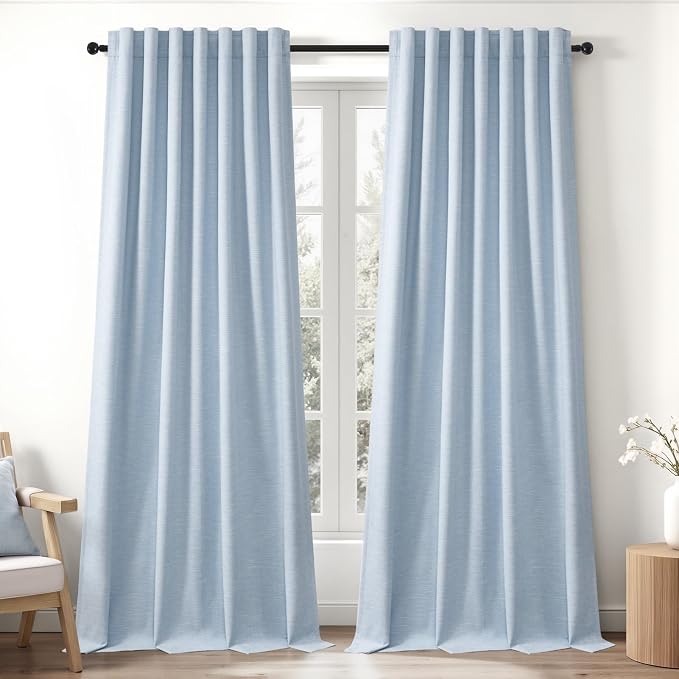 Topfinel Blue Blackout Bedroom Curtains 108 Inches Long 2 Panels for Kids Baby 100% Black Out Thick Linen Back Tab Pleated Drapes Coastal Light Dusty Sky Blue 108 Inch Curtain for Dining Living Room