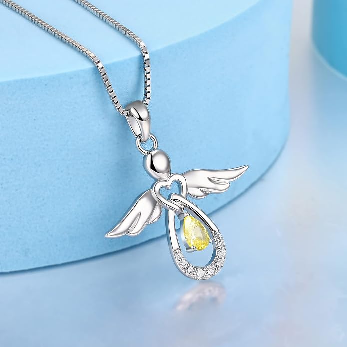 FJ Guardian Angel Necklace 925 Sterling Silver Birthstone Pendant Angel Jewelry Gifts for Women