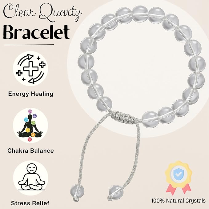 Amazing Gemstone Clear Quartz Bracelet, Gifts for Men & Women - Protection Healing Crystal Bracelet - 8mm Gemstone Beaded Adjustable Bracelet, Pulseras para Hombres Mujer Stocking Stuffers