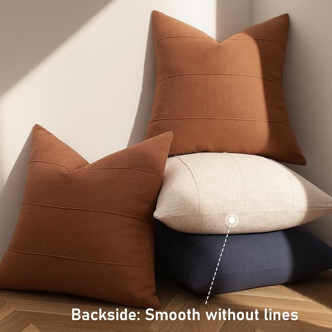 ZWJD Decorative Linen Throw Pillow Covers 20x20 Set of 2 Solid Handcrafted Striped Cushion Covers for Bed Soft Modern Farmhouse Neutral Pillowcase for Couch Bedroom Living Room Home Decor(Rust)