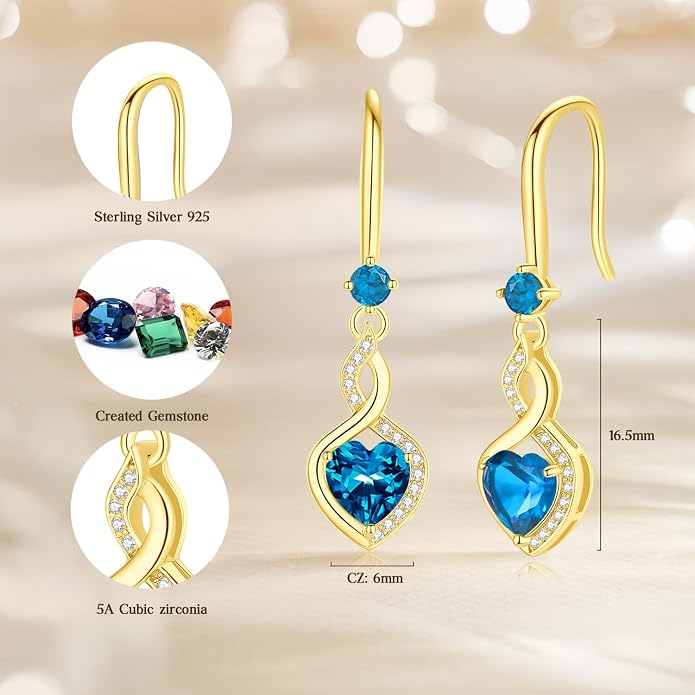 FANCIME Heart Infinity Dangle Drop Earrings 925 Sterling Silver Heart Gemstone Birthstone Earring