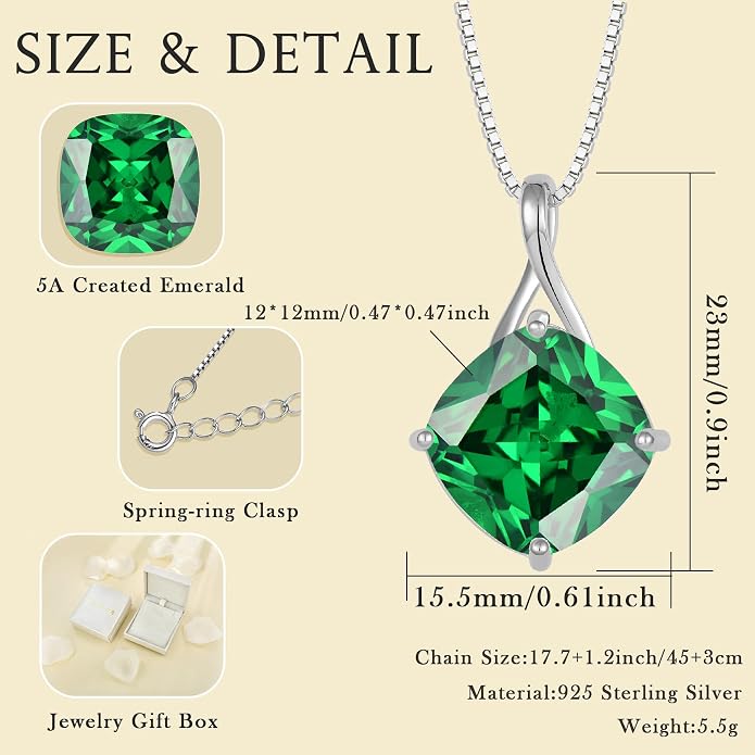 Square Cut Birthstone Necklace for Women Hypoallerg 925 Sterling Silver Cubic Zirconia Necklace Simple Jewelry for Her