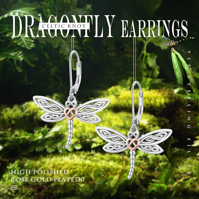 Dragonfly Leverback Hoop Hook Earrings 925 Sterling Silver Celtic Dangle Drop Earrings Dragonfly Huggie Earrings Dragonfly Jewelry Gifts for Women