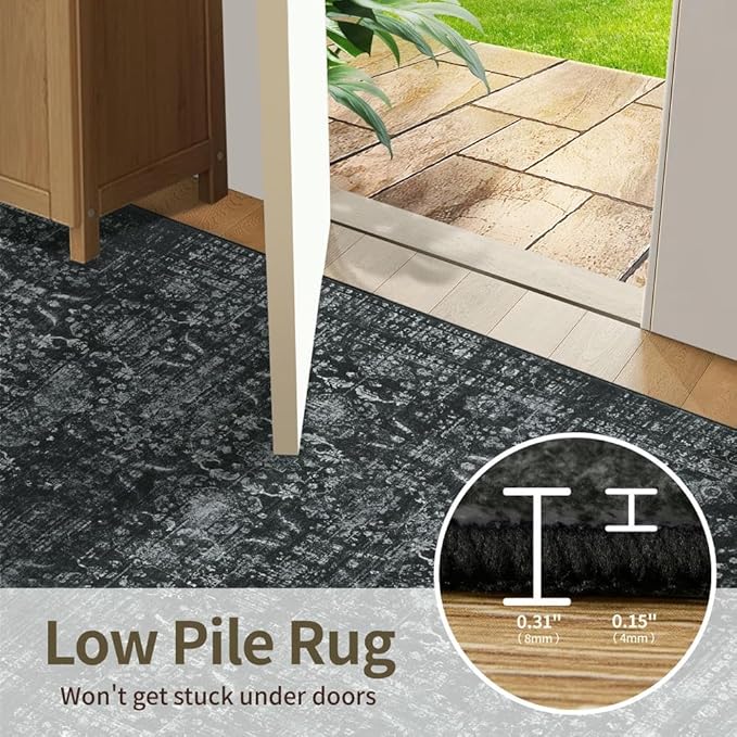 Rugxara Black 9x12 Area Rugs for Living Room Bedroom Large Washable Rug | Non Slip, Rug for Dining Room Office Farmhouse, Stain Resistant, Soft, Low Pile, Vintage Boho Retro Carpet, Home Decor