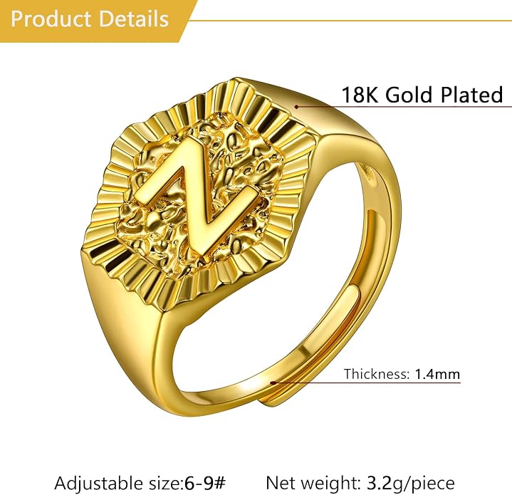 U7 Initial Ring Wedding Band for Men Women 18K Gold Plated Statement Hexagon A-Z Letter Jewelry Personalized Stackable Signet Rings