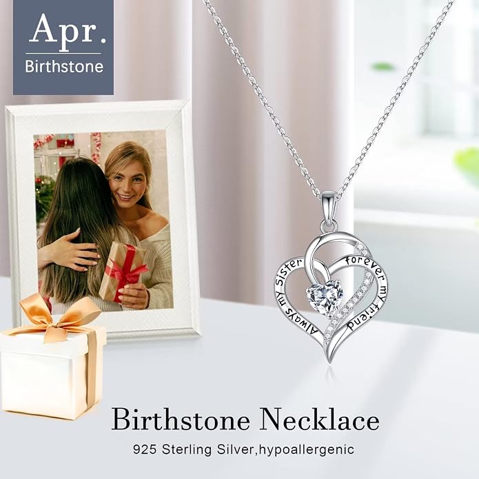 Iefil Gifts for Sister - 925 Sterling Silver Birthstone Necklace Sisters Jewelry