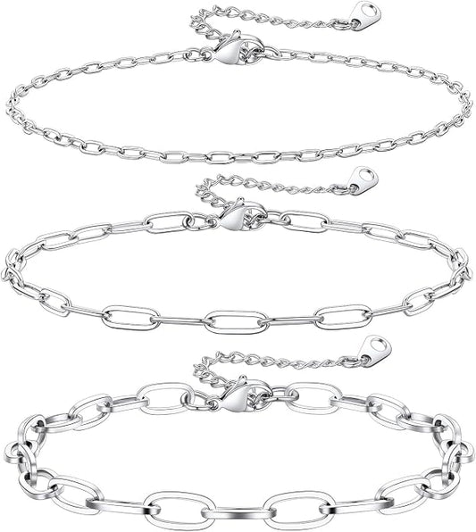 KeyStyle Paperclip Ankle Bracelets for Women, 14k Gold Plated Cuban Chain Rope LInk Anklets Sets, Stainless Steel Figaro Layered Anklet Pack Summer Jewelry(2PCS, 3PCS)