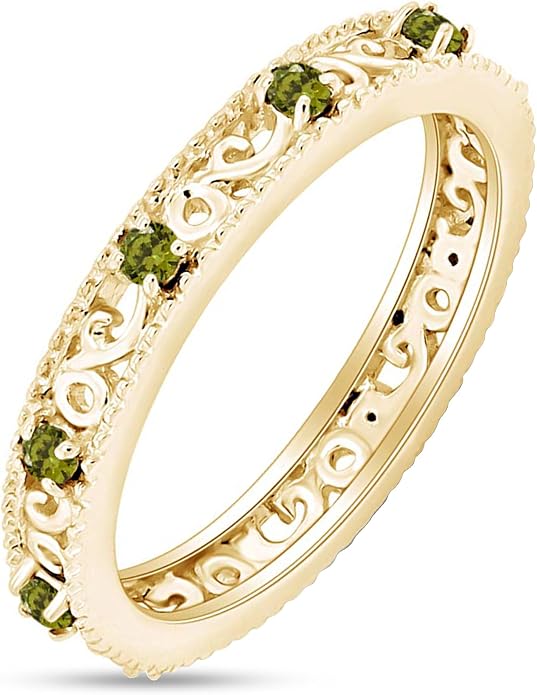 Jewel Zone US Filigree Eternity Wedding Band Ring for Women, Round Cut Simulated Gemstone Stackable Promise Ring in 14K Gold Plated 925 Sterling Silver Band Width 3.5mm – Elegant Jewelry for Her