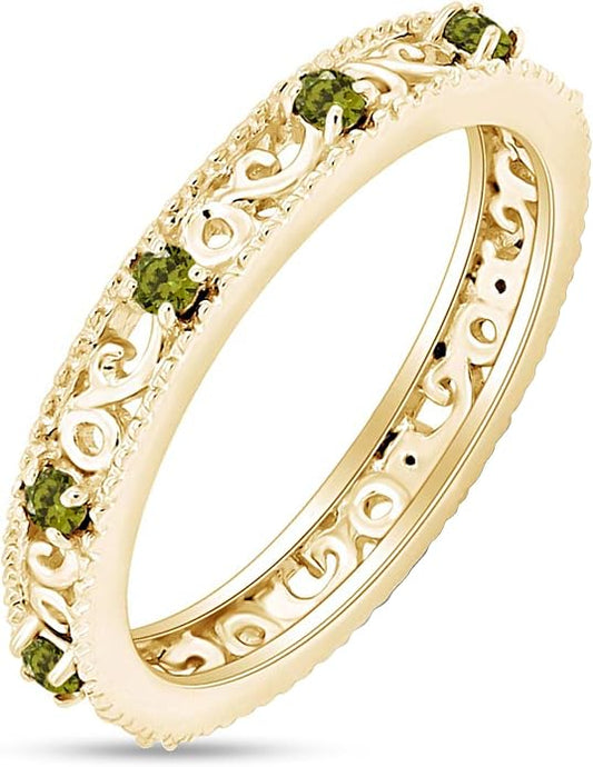 Jewel Zone US Filigree Eternity Wedding Band Ring for Women, Round Cut Simulated Gemstone Stackable Promise Ring in 14K Gold Plated 925 Sterling Silver Band Width 3.5mm – Elegant Jewelry for Her