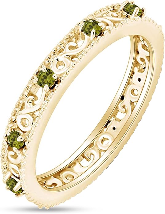 Jewel Zone US Filigree Eternity Wedding Band Ring for Women, Round Cut Simulated Gemstone Stackable Promise Ring in 14K Gold Plated 925 Sterling Silver Band Width 3.5mm – Elegant Jewelry for Her