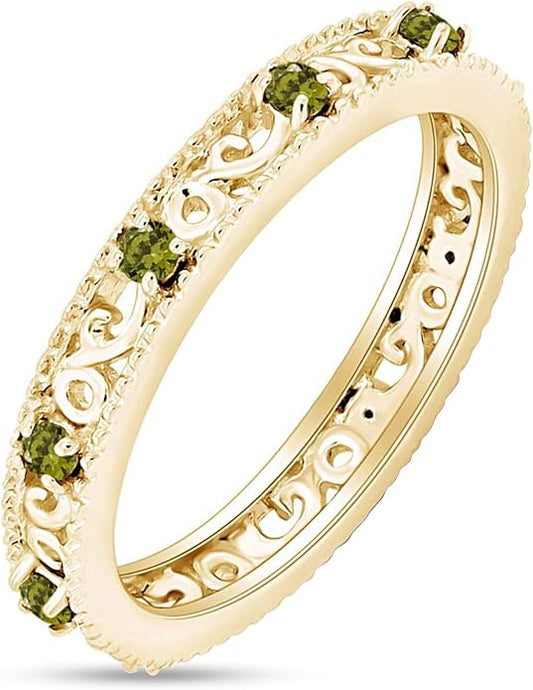 Jewel Zone US Filigree Eternity Wedding Band Ring for Women, Round Cut Simulated Gemstone Stackable Promise Ring in 14K Gold Plated 925 Sterling Silver Band Width 3.5mm – Elegant Jewelry for Her