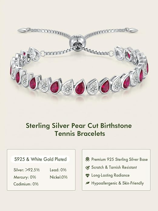 Birthstone Tennis Bracelet for Women 925 Sterling Silver Pear Shaped Gemstone Inlaid White Gold Plated Adjustable Chain Gifts for Mom Wife