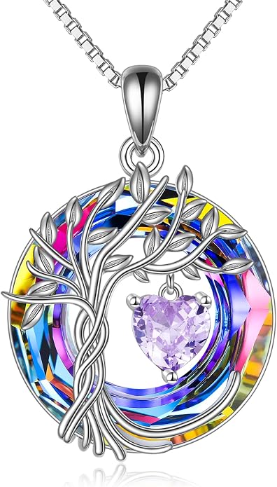 POPLYKE Mothers Day Gifts for Mom Her Wife Tree of Life Necklace 925 Sterling Silver Birthstone Pendant with Crystal Anniversary Birthday Wedding Jewelry for Women