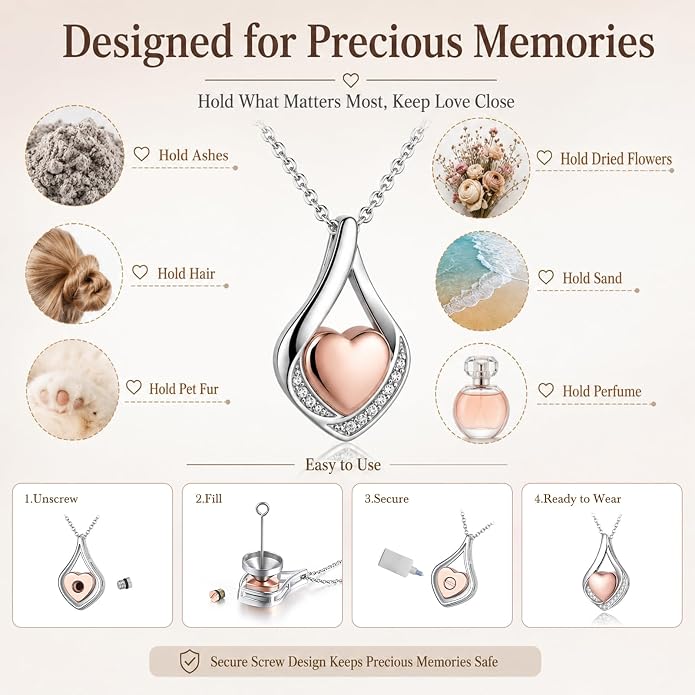 Cremation Jewelry 925 Sterling Silver Teardrop Urn Necklace for Ashes Heart Shape Memorial Keepsake Pendant for Human Ashes for Women Gift