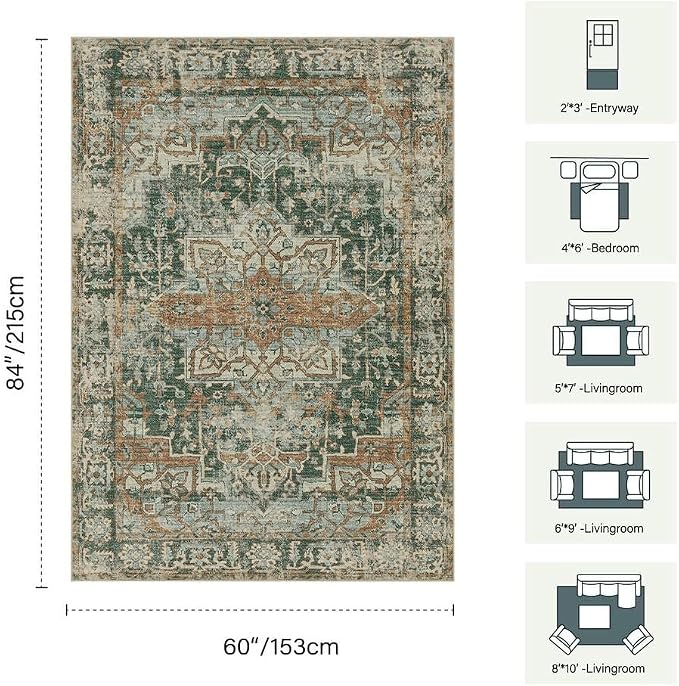 Rugxara Area Rugs 5x7 Washable Rug for Living Room Bedroom, Green/Brown | Non Slip, Rug for Dining Room Office Farmhouse, Stain Resistant, Soft, Vintage Boho Retro Carpet, Low Pile, Home Decor