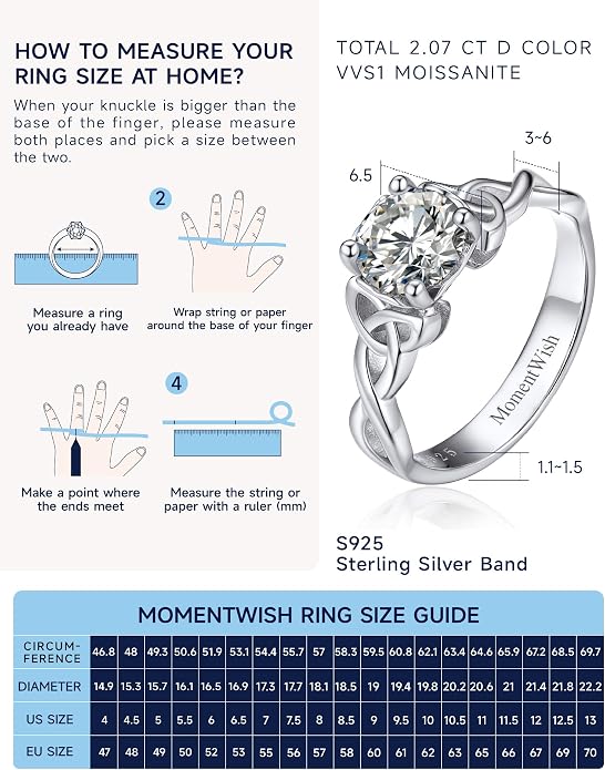 MomentWish Engagement Ring for Women, 1-2 Carats Moissanite Rromise Ring, D Color VVS1 Moissanite Wedding Ring 925 Sterling Silver Solitaire Rings