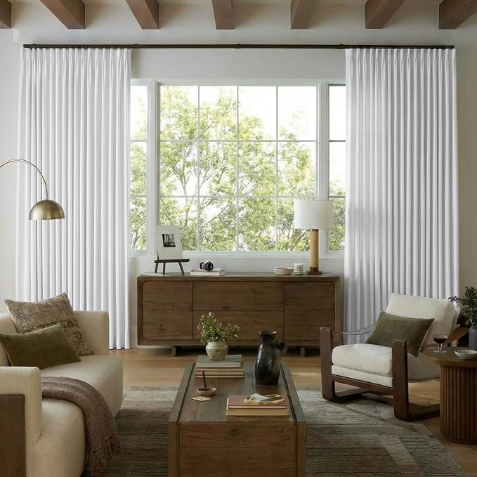 IVAPUPU Linen Pinch Pleated Full Blackout Curtains for Bedroom - 2 Pages Black Out White Curtains 108 Inch Long 2 Panel for Living Room Darkening Thermal Window Curtain Drapes with 16pc Hooks