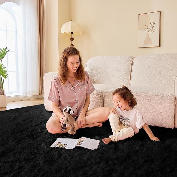 OPPODREAM 9x12 Black Rugs for Bedroom, Ultra-Soft Fluffy Area Rugs for Living Room, 9 x 12 Shag Carpet for Nursery, Kids, Girl, Boy, Baby, Plush, Fuzzy, Shaggy, Cute Home Decor